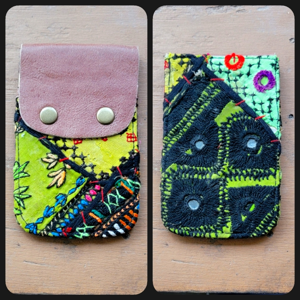 🥂🕺 Free People Boho Embroidered Repurposed vtg banjara hippie Wallet card case